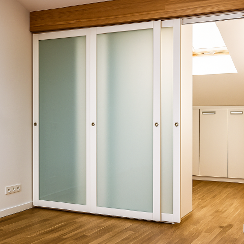 Schiebetüranlage mit satiniertem Glas und Holzblende.