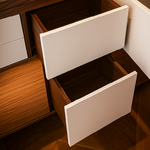 Geöffnete Schubladen eines maßgefertigten Möbelstücks mit Holzinnenleben.