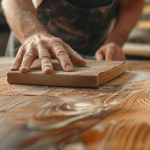 Hand schleift eine Holzoberfläche mit Schleifklotz.